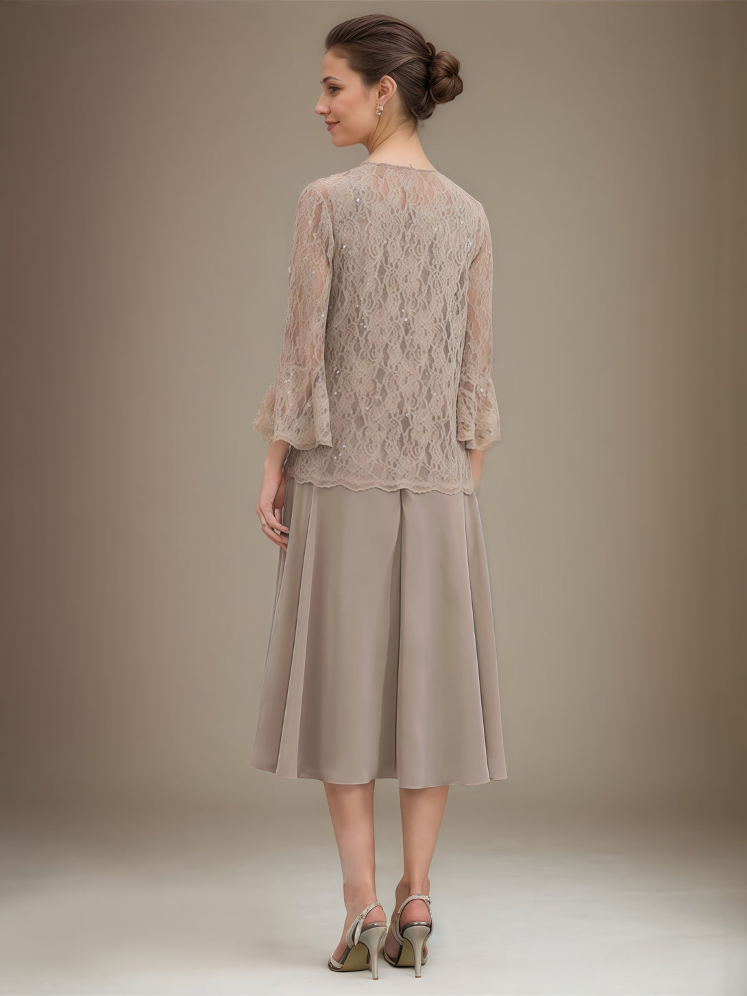 Scoop Neck 3/4 Sleeve A-Line Tea-Length Lace/Chiffon Mother of the Bride Dress With Jacket/Sequins BabaMila