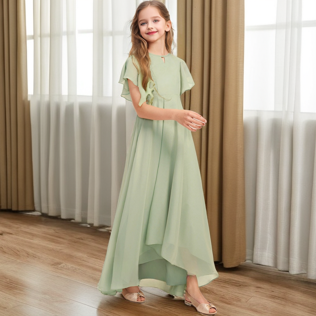 Boat Neck Flutter Straps Floor-Length Asymmetrical Chiffon Junior Bridesmaid Dress/Girls Birthday Dresses Girls Gidiondress
