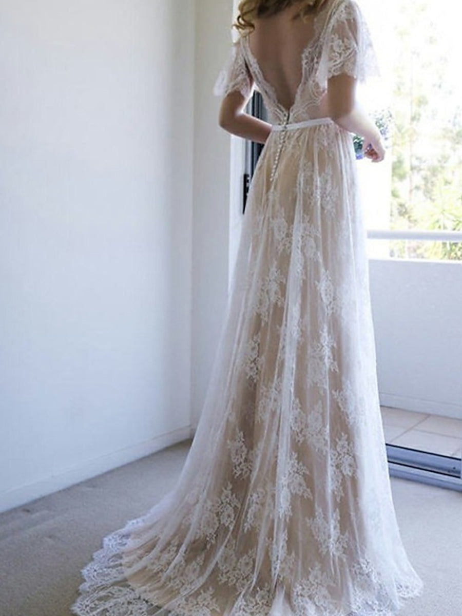 A-Line/Princess V-Neck Short Sleeves Lace Beach Wedding Dress with Appliques BabaMila