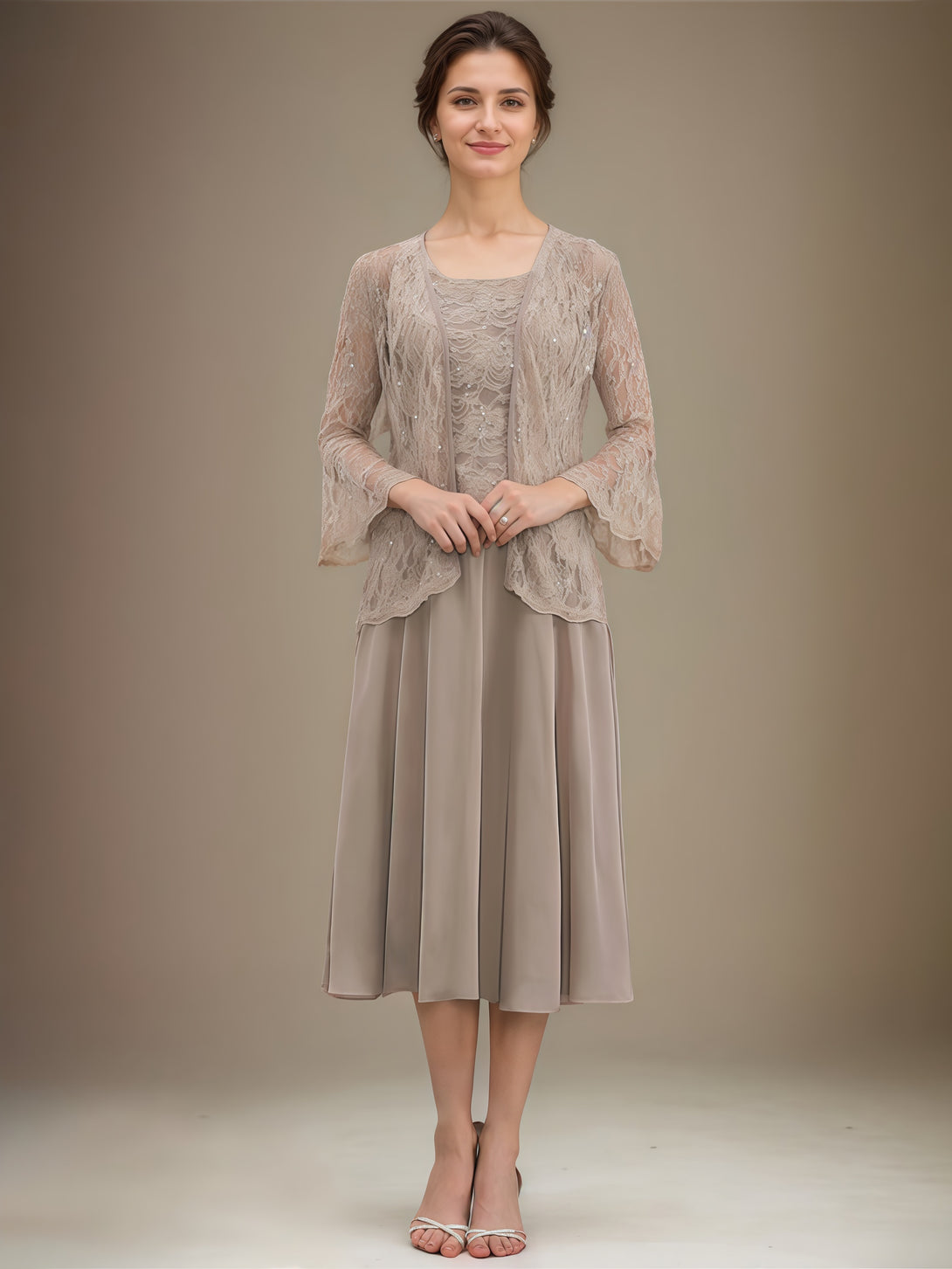 Scoop Neck 3/4 Sleeve A-Line Tea-Length Lace/Chiffon Mother of the Bride Dress With Jacket/Sequins BabaMila