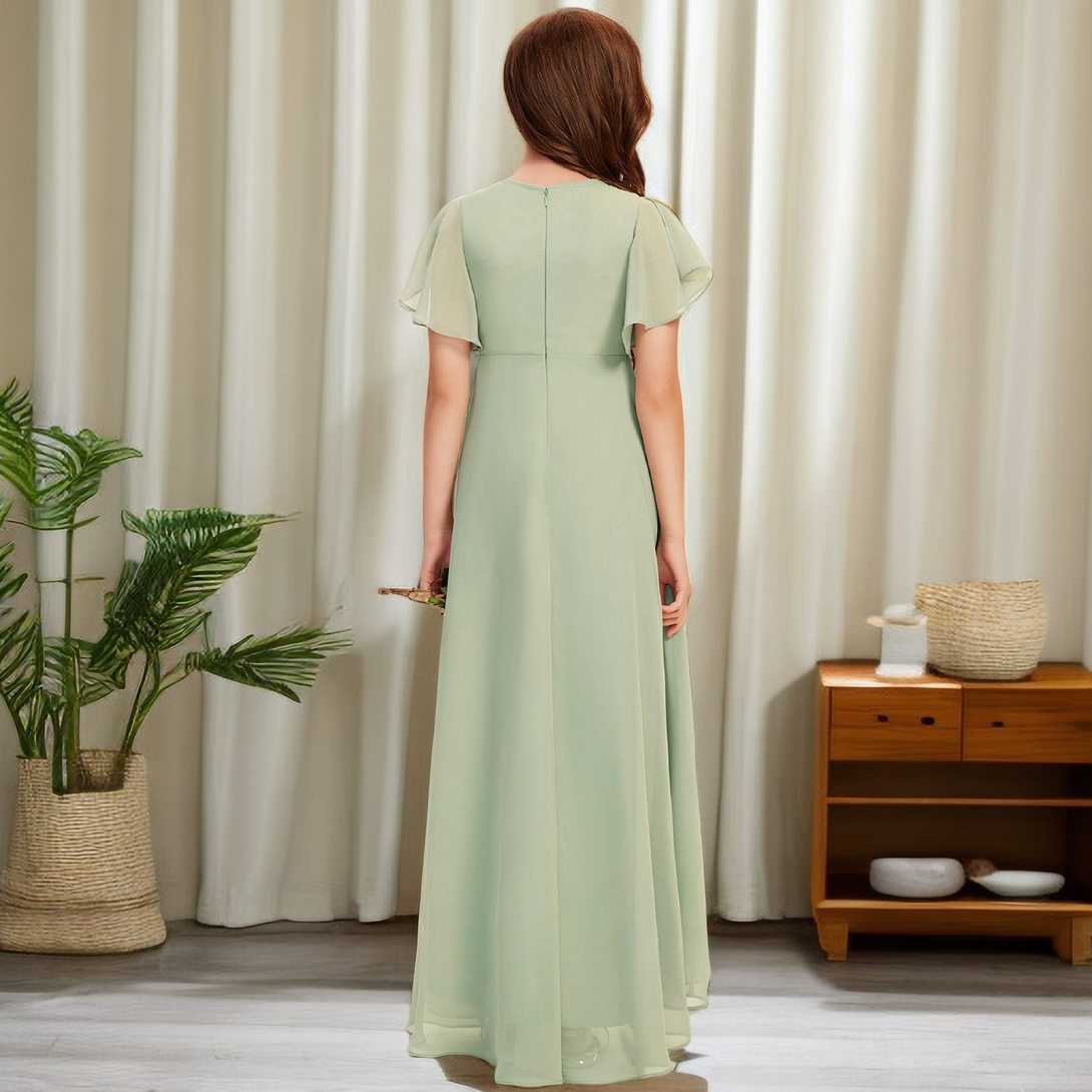 Boat Neck Flutter Straps Floor-Length Asymmetrical Chiffon Junior Bridesmaid Dress/Girls Birthday Dresses Girls Gidiondress