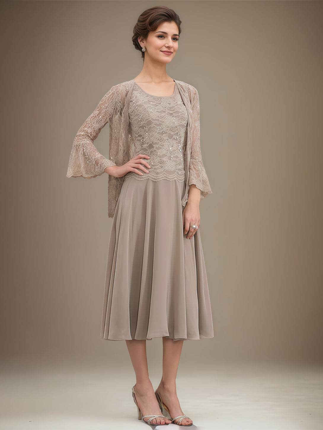 Scoop Neck 3/4 Sleeve A-Line Tea-Length Lace/Chiffon Mother of the Bride Dress With Jacket/Sequins BabaMila