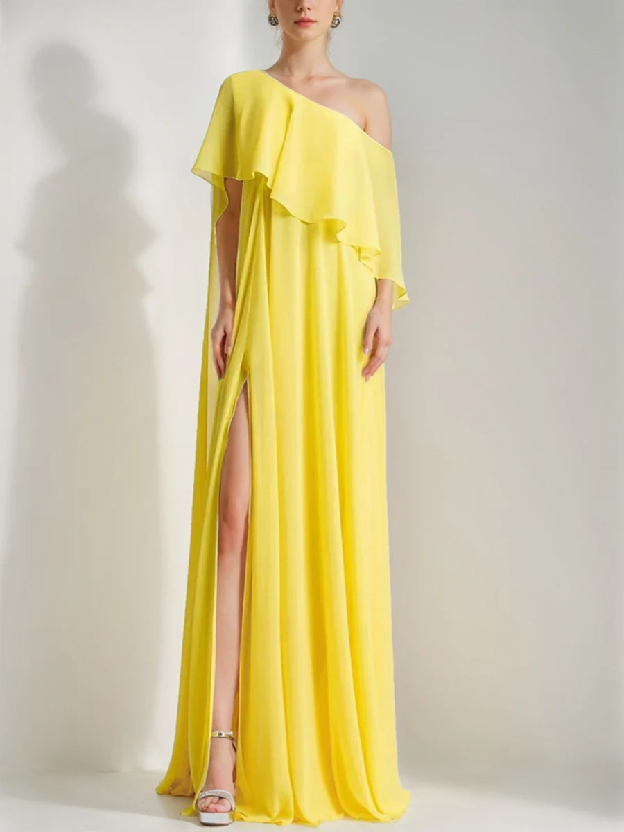 A-Line/Princess One-Shoulder Evening Dresses Sleeveless with Ruffles & High Split BabaMila