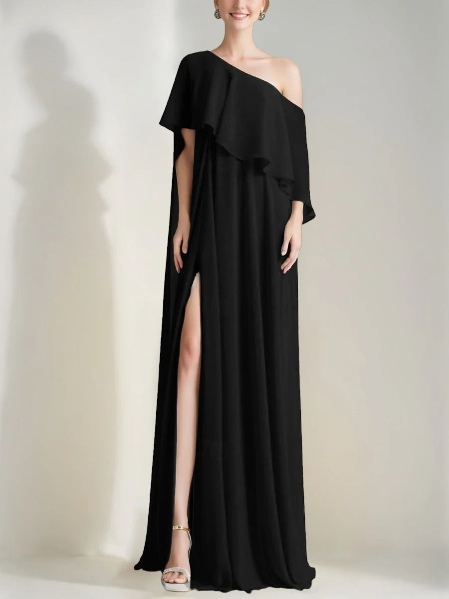 A-Line/Princess One-Shoulder Evening Dresses Sleeveless with Ruffles & High Split BabaMila