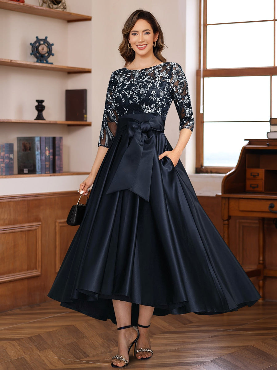 A-Line 3/4 Sleeves Asymmetrical Lace Mother Of The Bride & Groom Dresses With Appliques & Bow Belt BabaMila