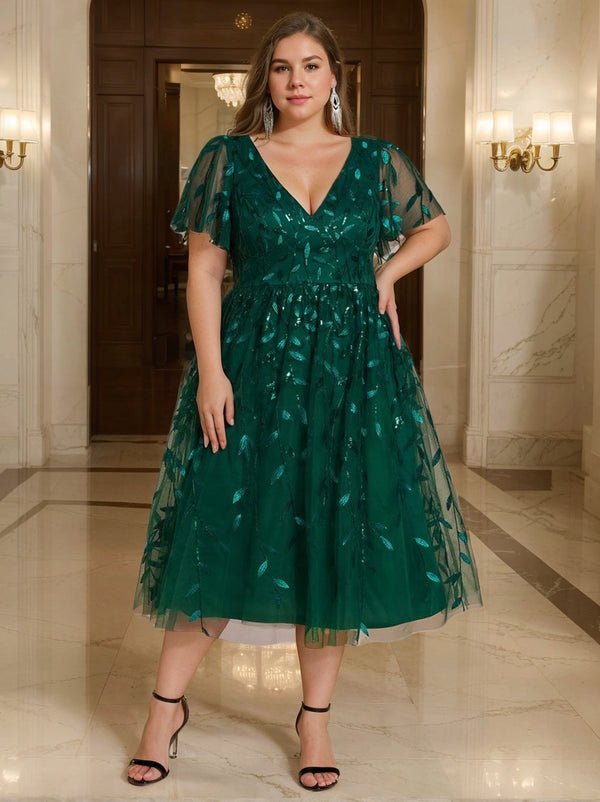 A-Line/Princess V-Neck Short Sleeves Tea-Length Plus Size Mother Of The Bride Dresses With Sequins BabaMila