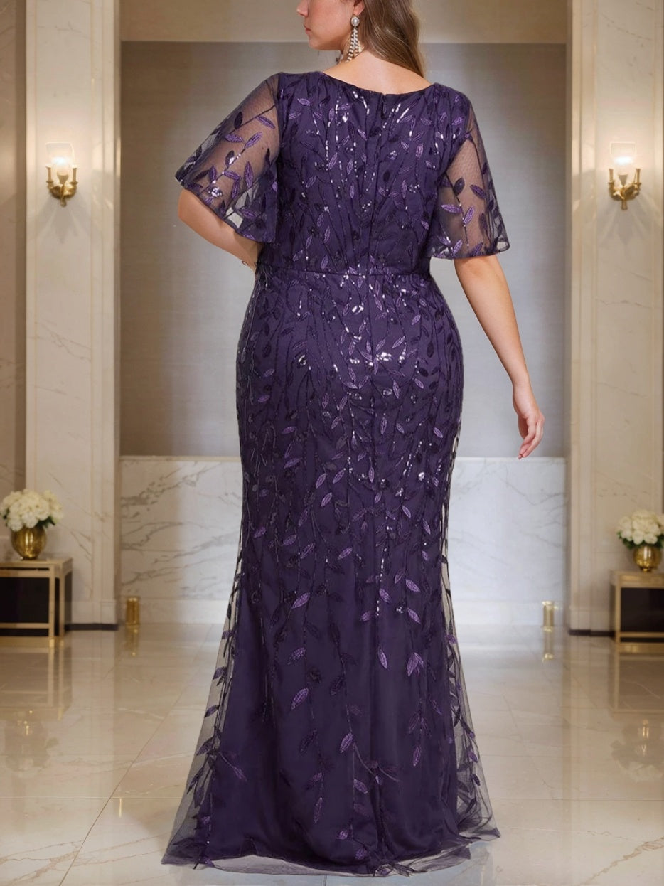 Sheath/Column V-Neck Short Sleeves Floor-Length Plus Size Mother Of The Bride Dresses With Sequins BabaMila