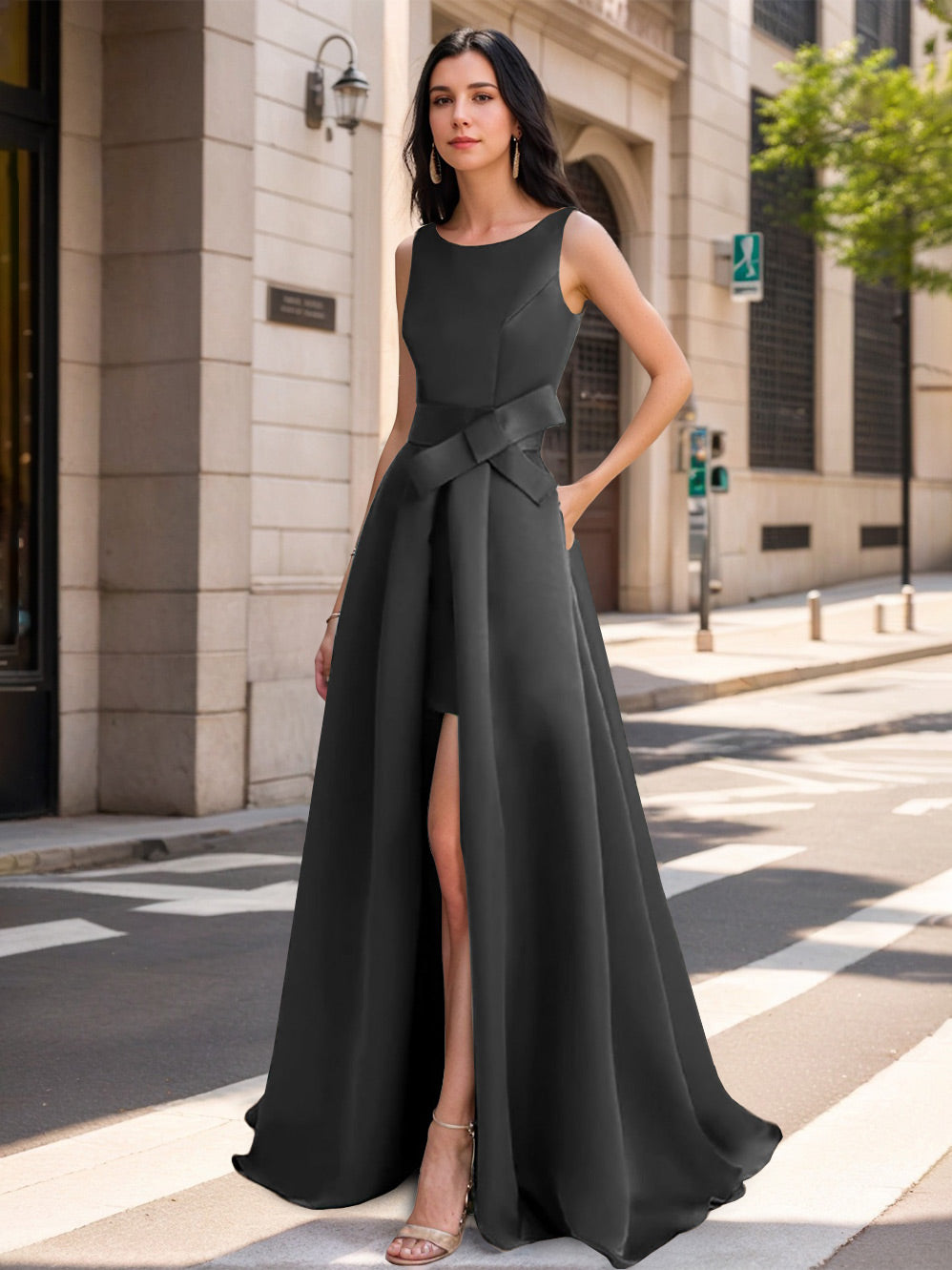 A-Line/Princess Scoop Mother Of The Bride Dresses With High Split & Bow BabaMila