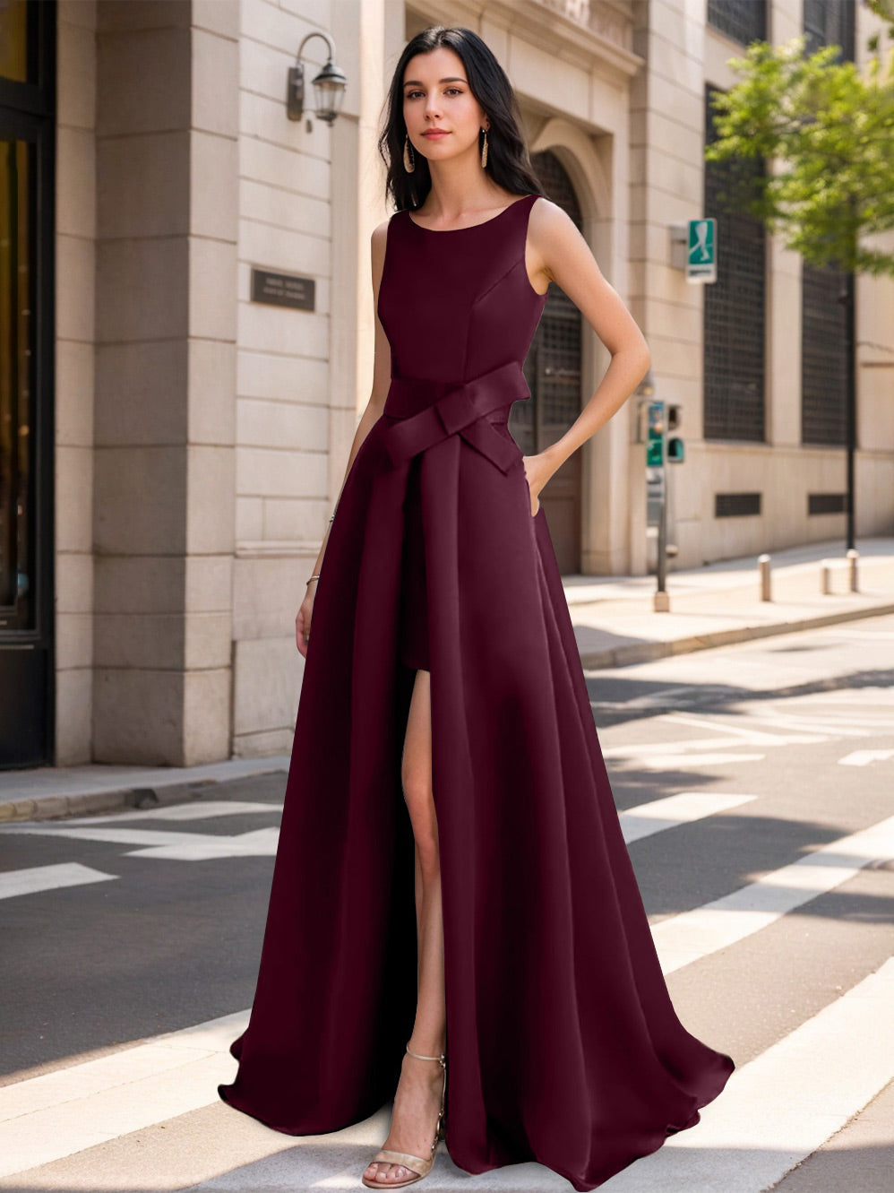 A-Line/Princess Scoop Mother Of The Bride Dresses With High Split & Bow BabaMila