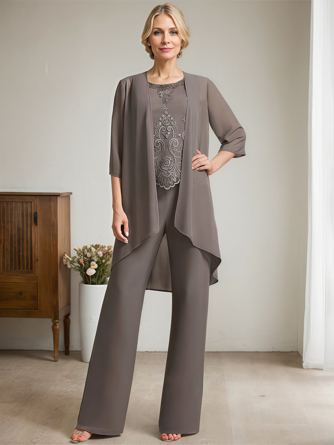 Scoop Neck Half Sleeve Pantsuits Floor-Length Lace/Chiffon Mother of the Bride Dress With Jacket/Appliques BabaMila