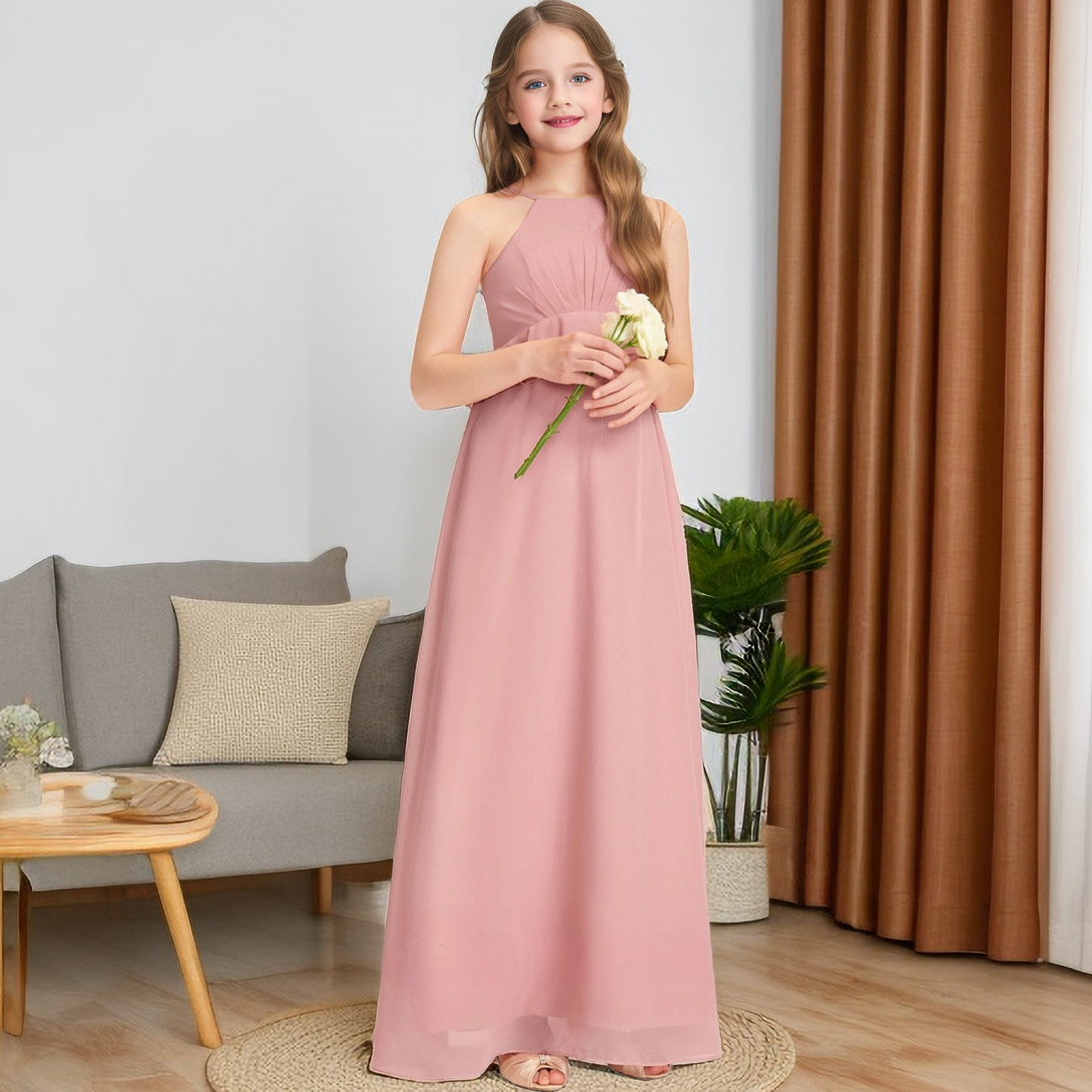 Floor-Length Chiffon Junior Bridesmaid Dress/Girls Birthday Dresses With Pleated/Ruffled Hem Girls Gidiondress