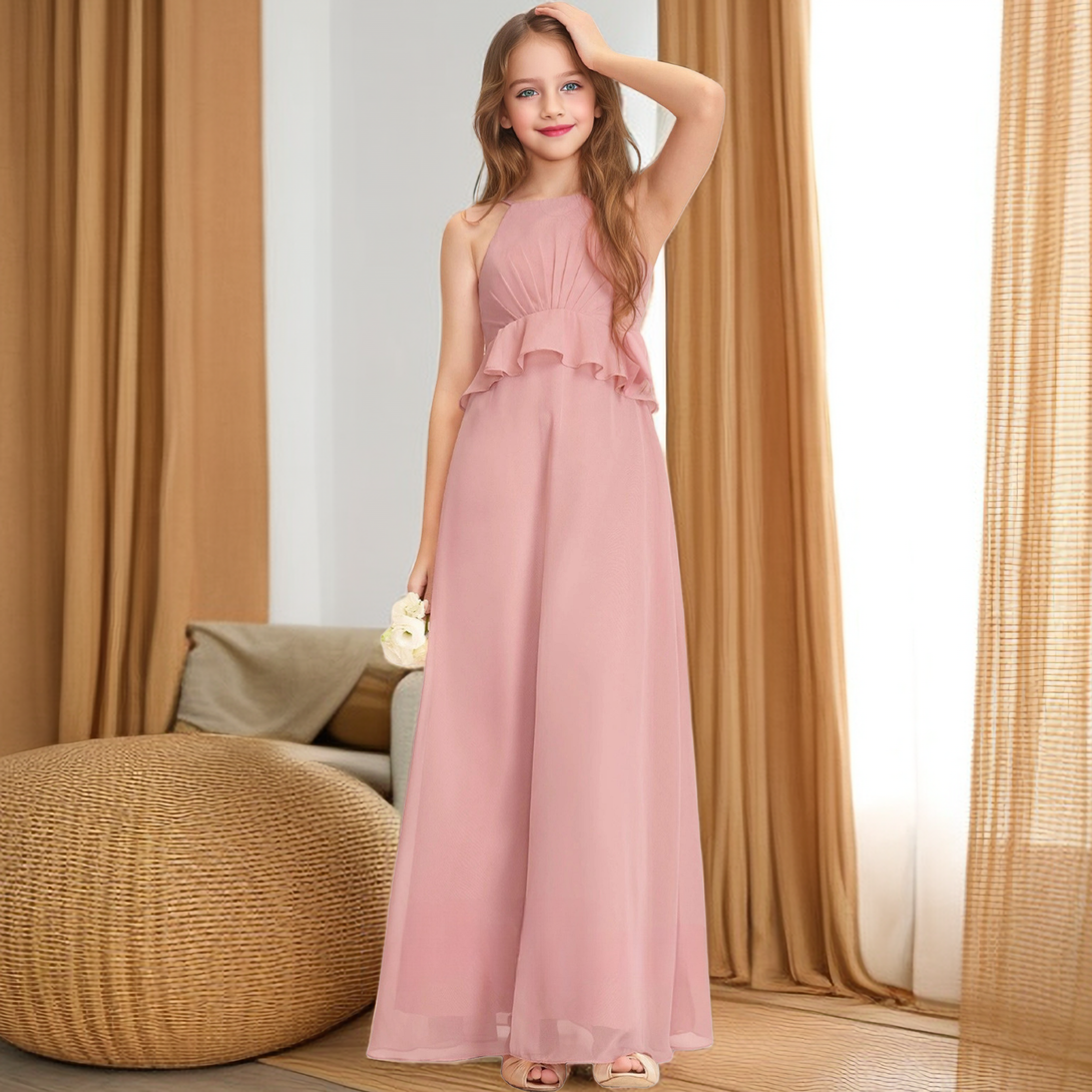 Floor-Length Chiffon Junior Bridesmaid Dress/Girls Birthday Dresses With Pleated/Ruffled Hem Girls Gidiondress as picture 12M