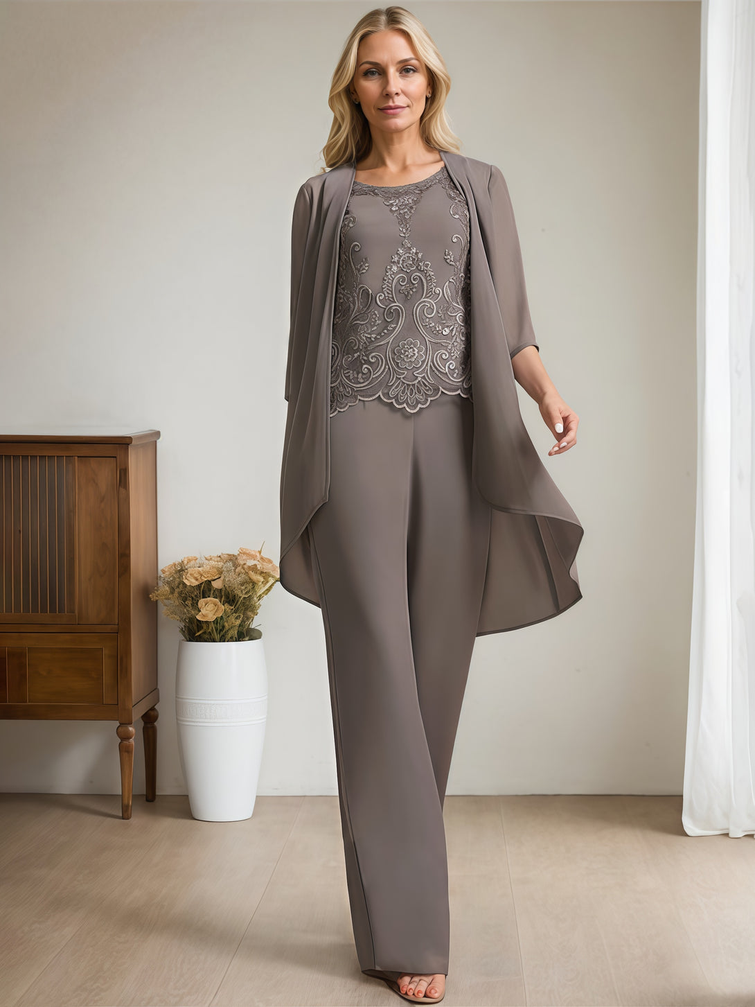 Scoop Neck Half Sleeve Pantsuits Floor-Length Lace/Chiffon Mother of the Bride Dress With Jacket/Appliques BabaMila