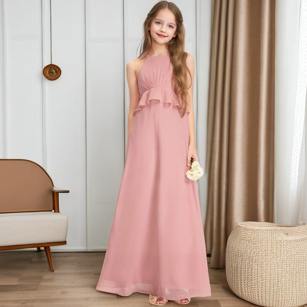 Floor-Length Chiffon Junior Bridesmaid Dress/Girls Birthday Dresses With Pleated/Ruffled Hem Girls Gidiondress