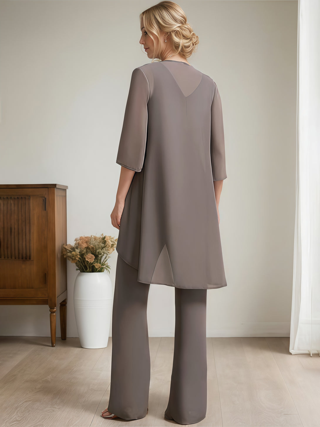 Scoop Neck Half Sleeve Pantsuits Floor-Length Lace/Chiffon Mother of the Bride Dress With Jacket/Appliques BabaMila
