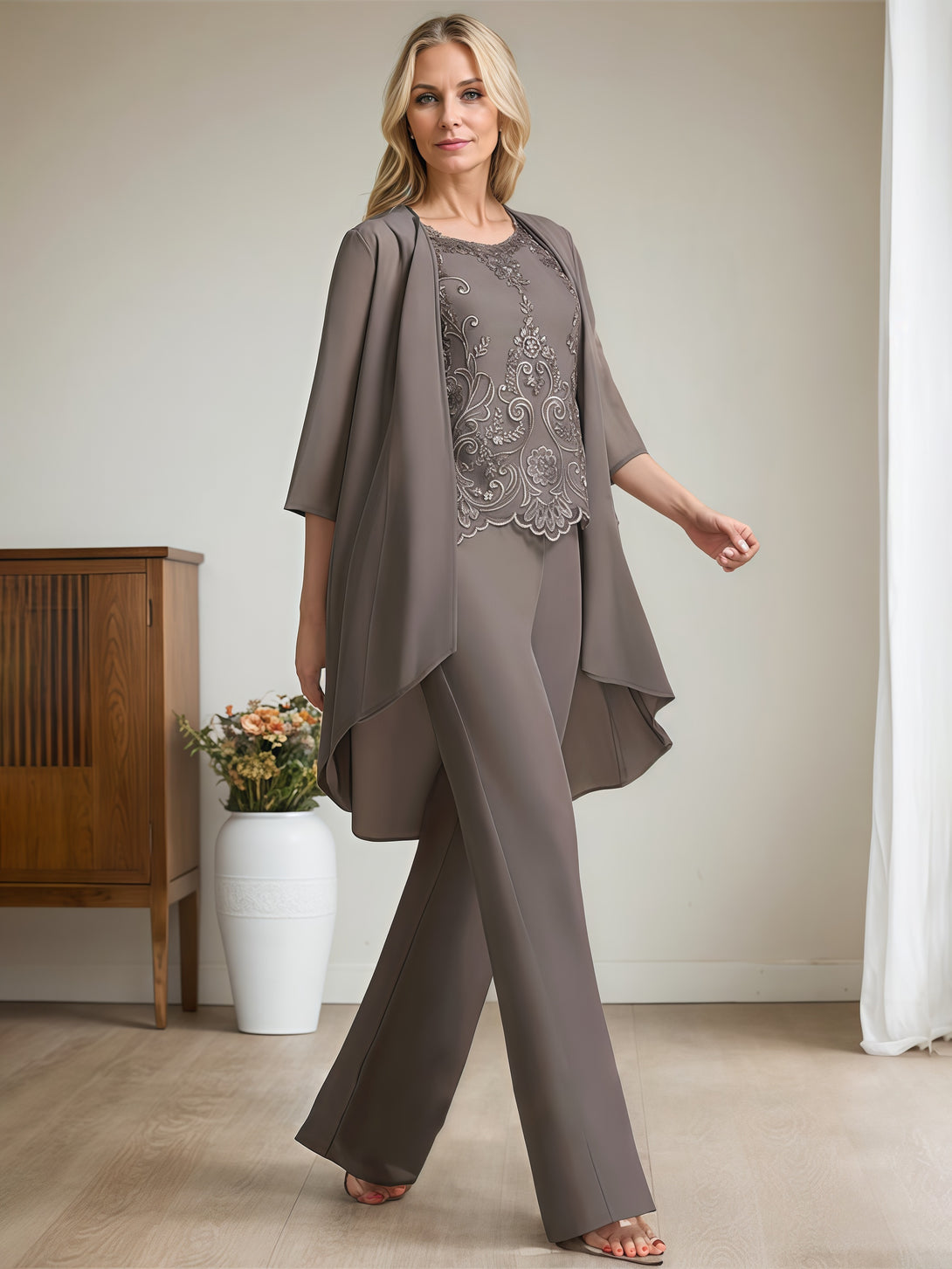 Scoop Neck Half Sleeve Pantsuits Floor-Length Lace/Chiffon Mother of the Bride Dress With Jacket/Appliques BabaMila