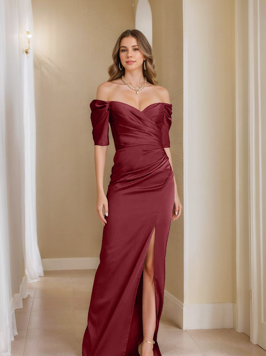 Sheath/Column Off-The-Shoulder Short Sleeves Mother Of The Bride Dresses With Split Front BabaMila