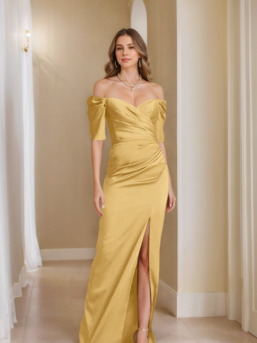 Sheath/Column Off-The-Shoulder Short Sleeves Mother Of The Bride Dresses With Split Front BabaMila