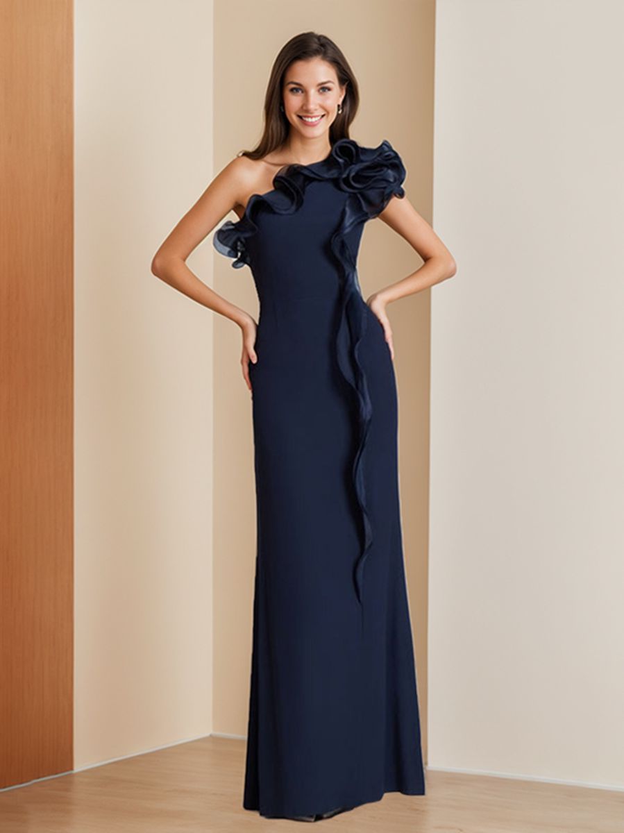 Sheath/Column One-Shoulder Sleeveless Floor-Length Chic Evening Dresses With Ruffles BabaMila