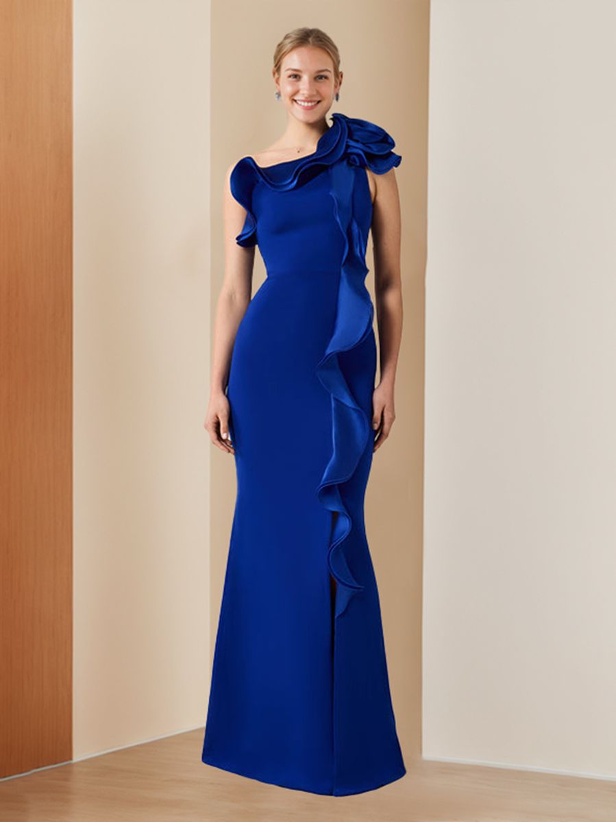 Sheath/Column One-Shoulder Sleeveless Floor-Length Chic Evening Dresses With Ruffles BabaMila