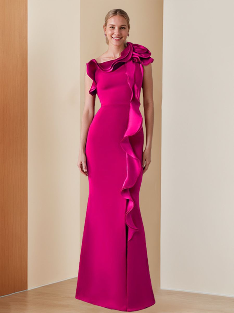 Sheath/Column One-Shoulder Sleeveless Floor-Length Chic Evening Dresses With Ruffles BabaMila