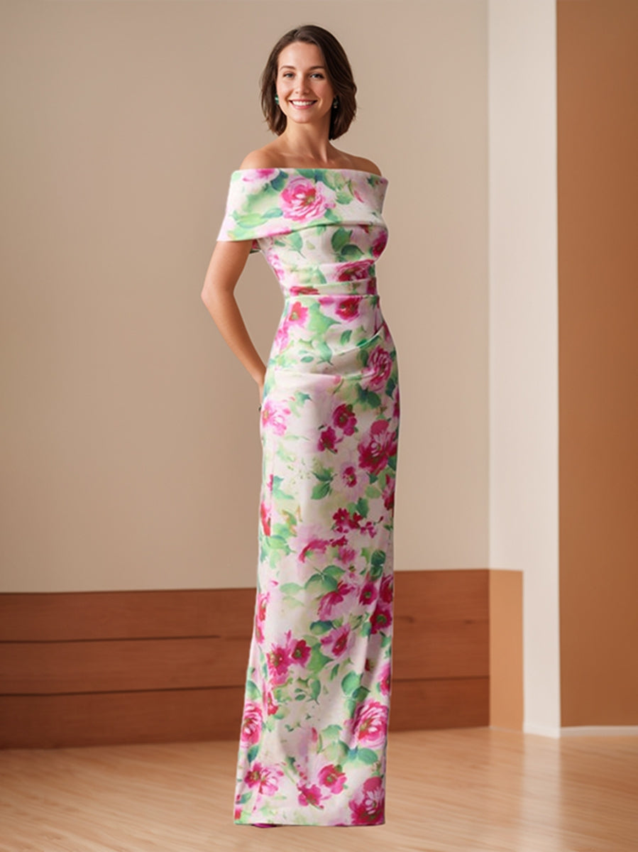 Sheath/Column Off-The-Shoulder Floor-Length Printed Floral Mother Of The Bride Dresses With Ruches BabaMila