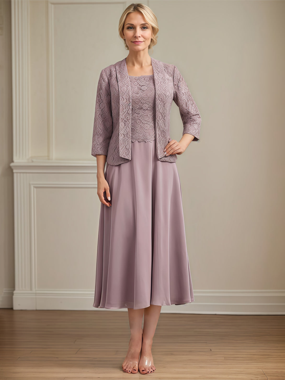 Round Neck 3/4 Sleeve A-Line Tea-Length Lace/Chiffon Mother of the Bride Dress With Jacket/Appliques BabaMila