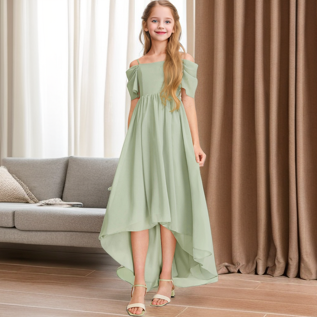 Cold Shoulder Asymmetrical Chiffon Junior Bridesmaid Dress/Girls Birthday Dresses With Pleated Gidiondress as picture 12M