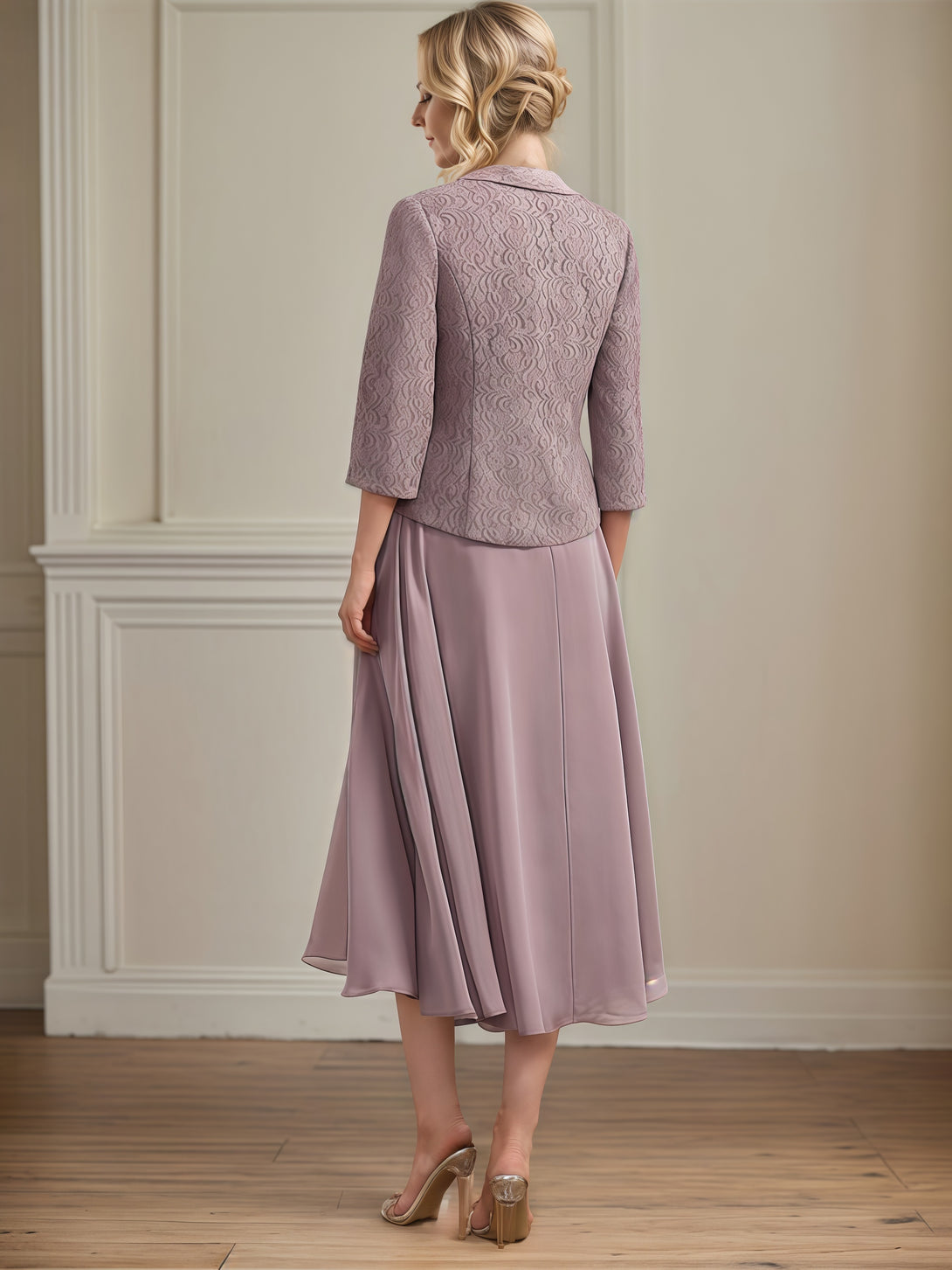 Round Neck 3/4 Sleeve A-Line Tea-Length Lace/Chiffon Mother of the Bride Dress With Jacket/Appliques BabaMila