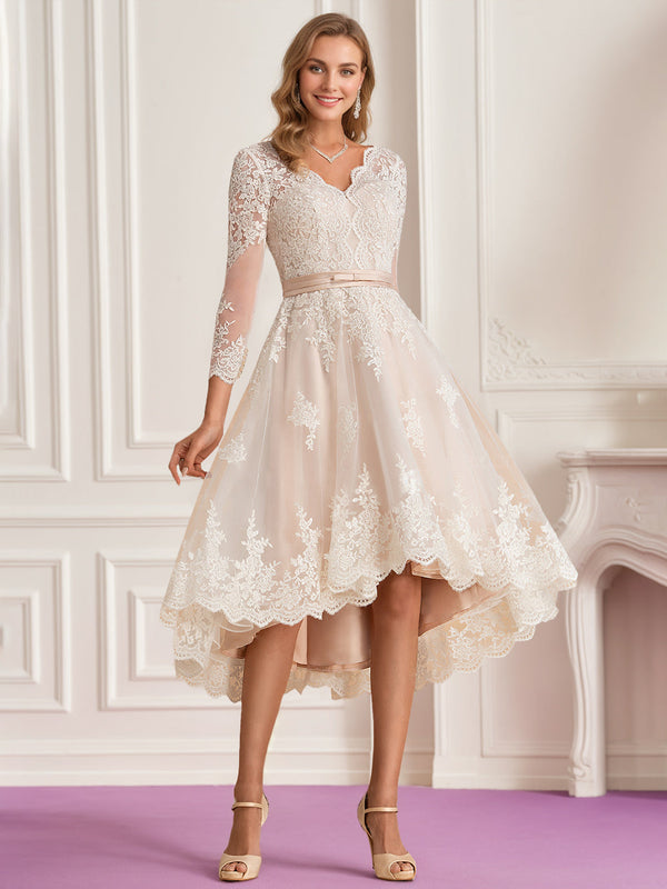 A-Line/Princess V-Neck 3/4 Length Sleeves Asymmetrical Wedding Dress with Lace Embroidery BabaMila
