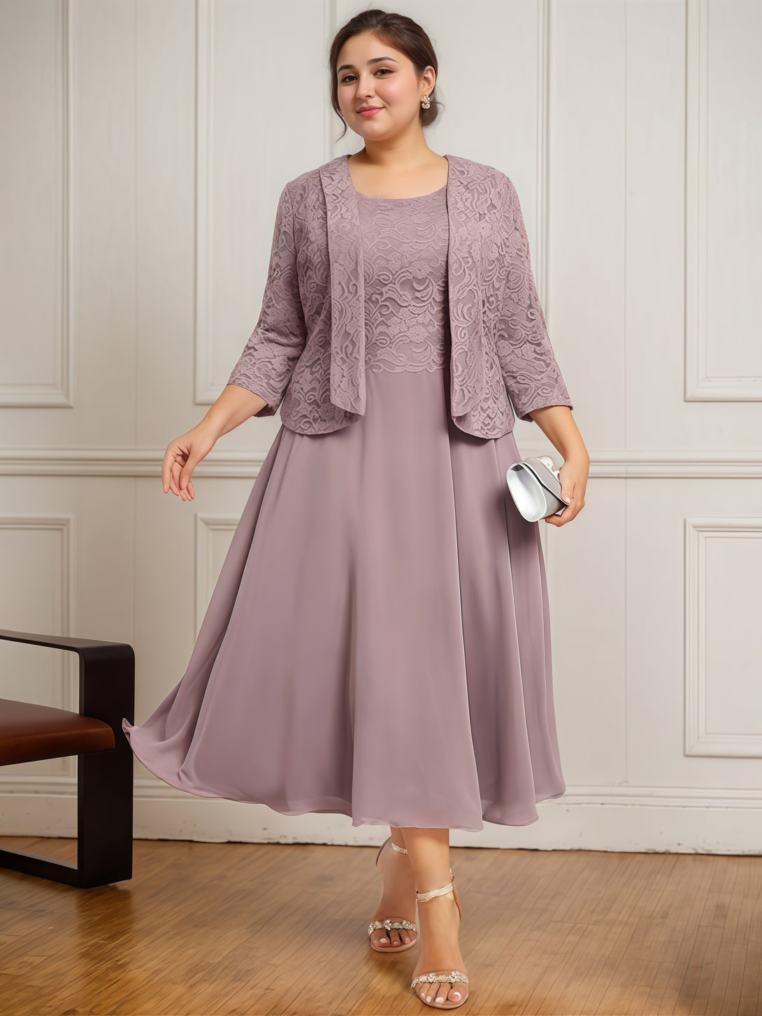 Round Neck 3/4 Sleeve A-Line Tea-Length Lace/Chiffon Mother of the Bride Dress With Jacket/Appliques BabaMila