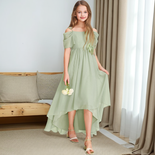 Cold Shoulder Asymmetrical Chiffon Junior Bridesmaid Dress/Girls Birthday Dresses With Pleated Gidiondress