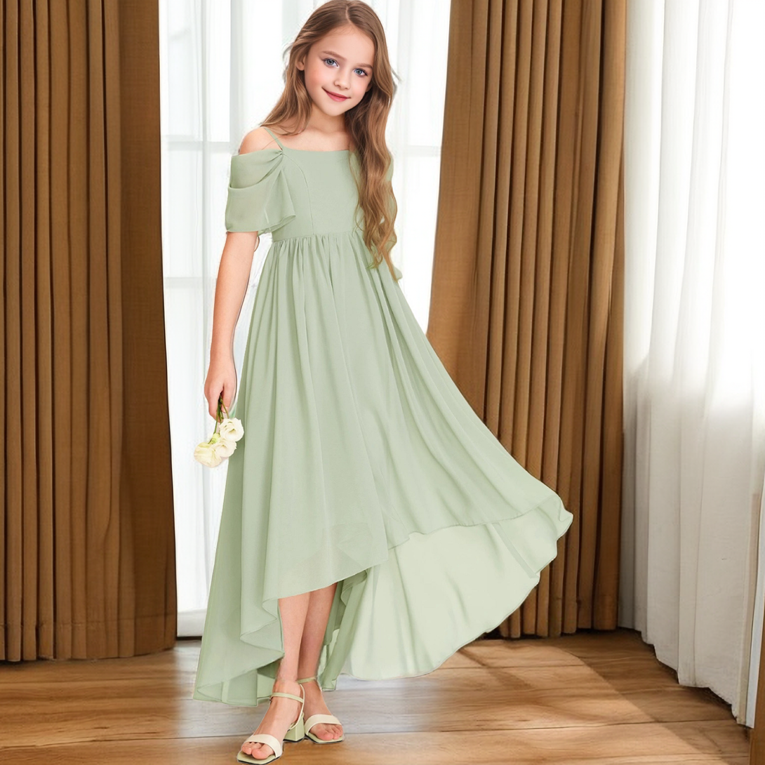 Cold Shoulder Asymmetrical Chiffon Junior Bridesmaid Dress/Girls Birthday Dresses With Pleated Gidiondress