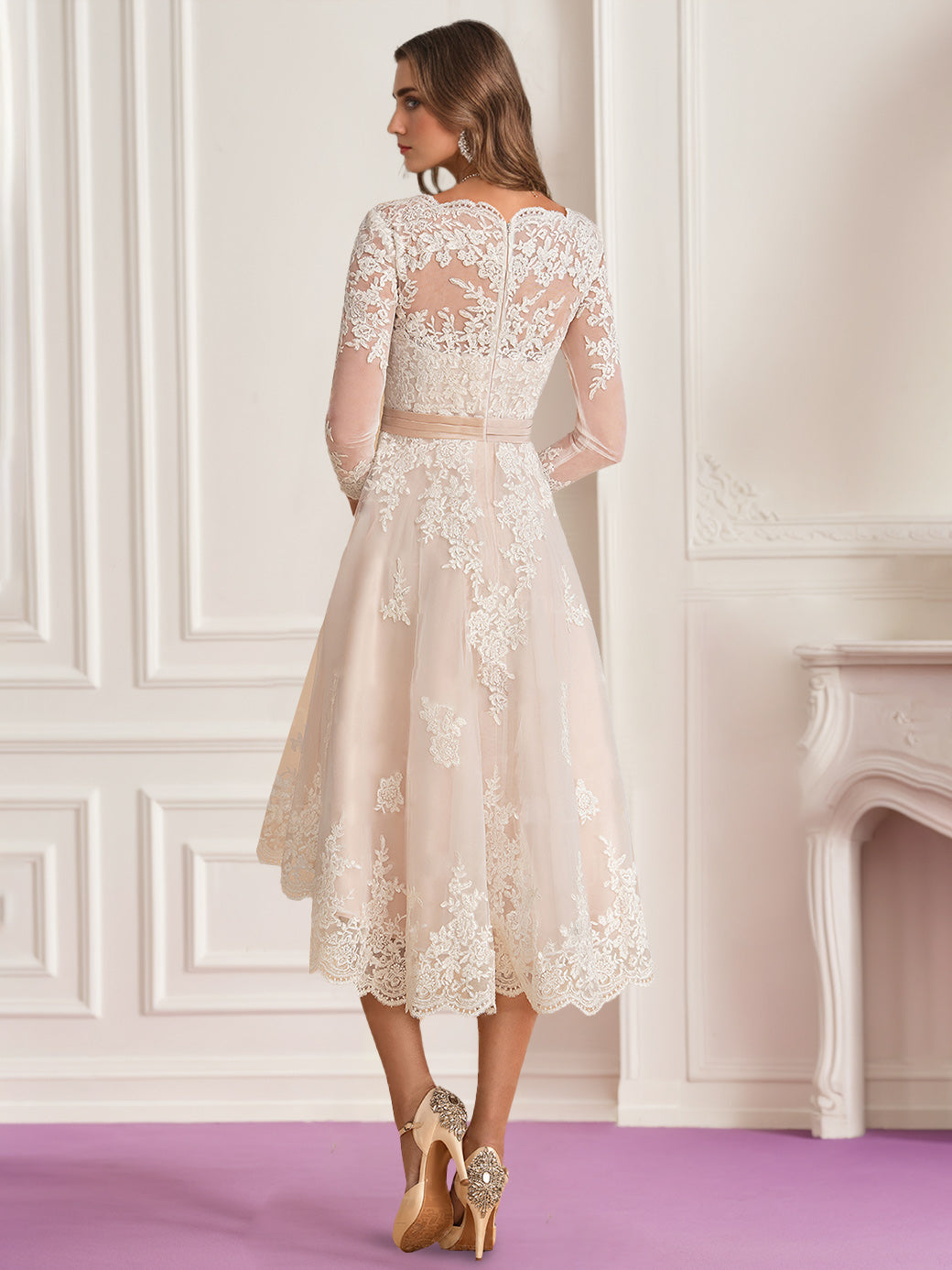 A-Line/Princess V-Neck 3/4 Length Sleeves Asymmetrical Wedding Dress with Lace Embroidery BabaMila