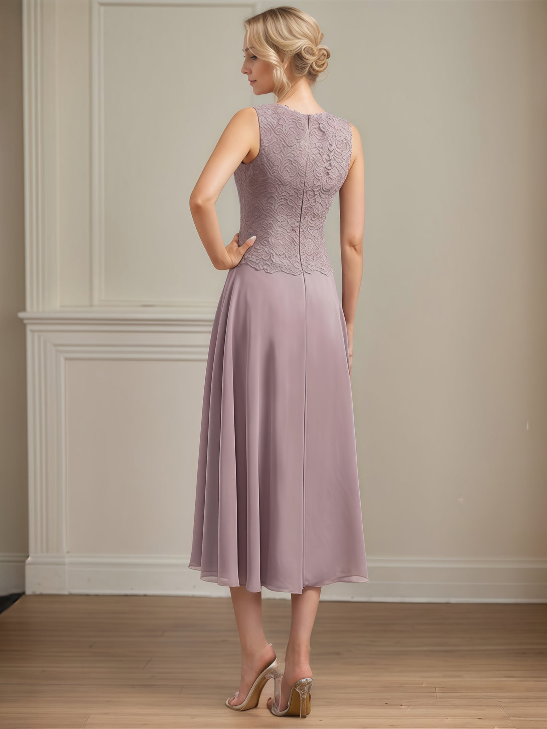 Round Neck 3/4 Sleeve A-Line Tea-Length Lace/Chiffon Mother of the Bride Dress With Jacket/Appliques BabaMila