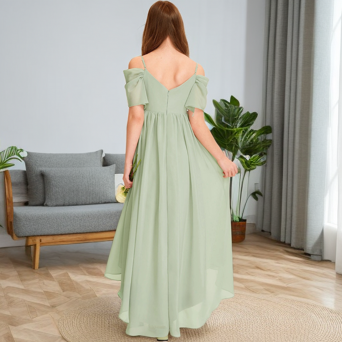 Cold Shoulder Asymmetrical Chiffon Junior Bridesmaid Dress/Girls Birthday Dresses With Pleated Gidiondress