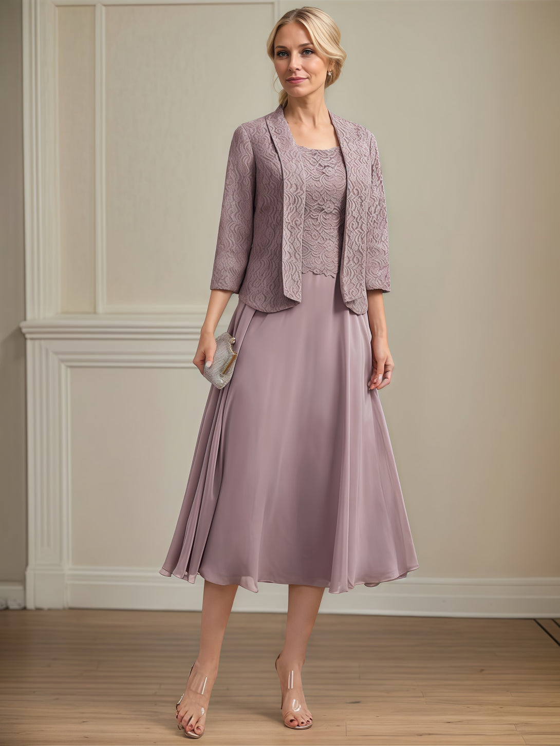 Round Neck 3/4 Sleeve A-Line Tea-Length Lace/Chiffon Mother of the Bride Dress With Jacket/Appliques BabaMila