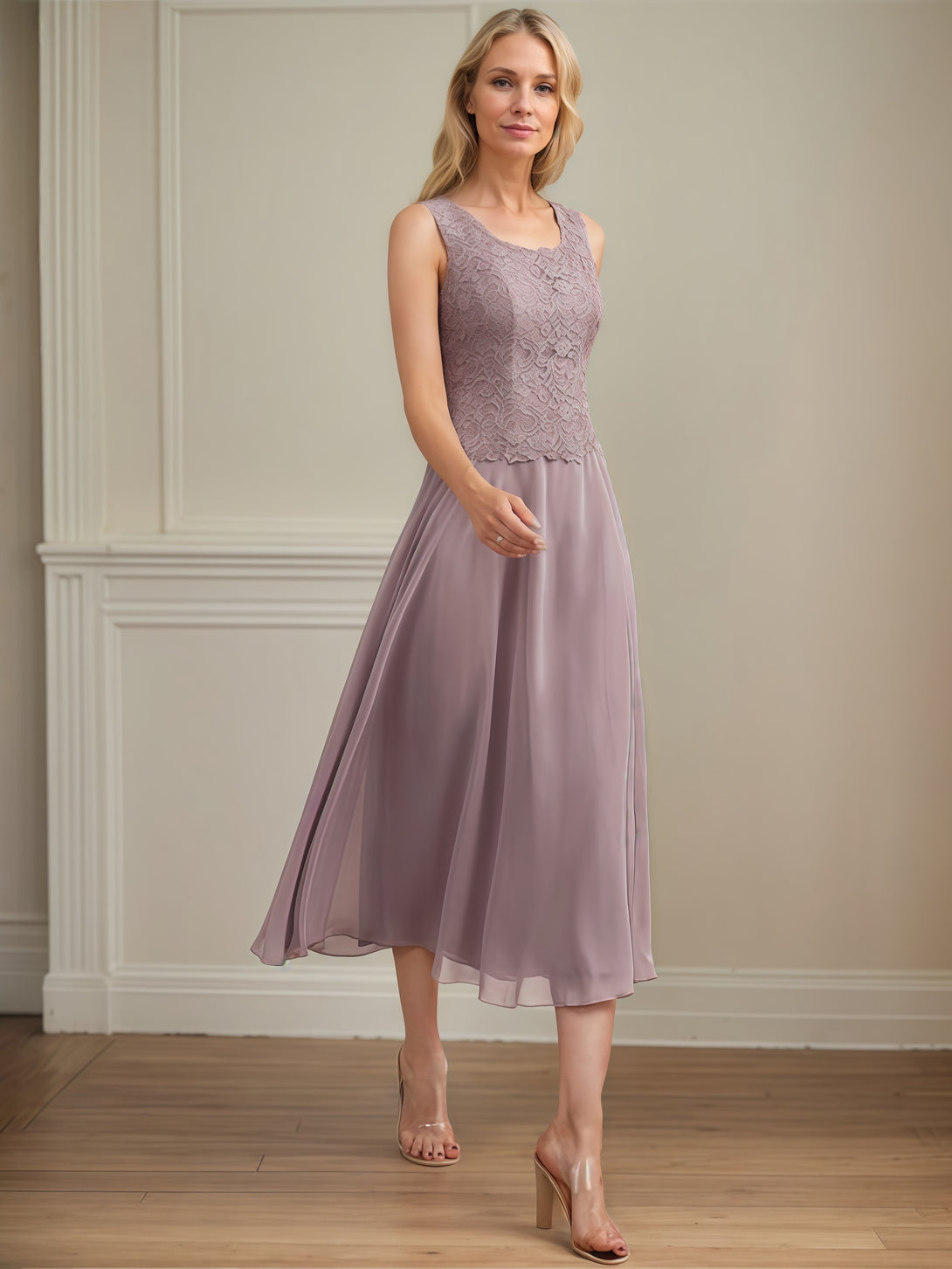 Round Neck 3/4 Sleeve A-Line Tea-Length Lace/Chiffon Mother of the Bride Dress With Jacket/Appliques BabaMila