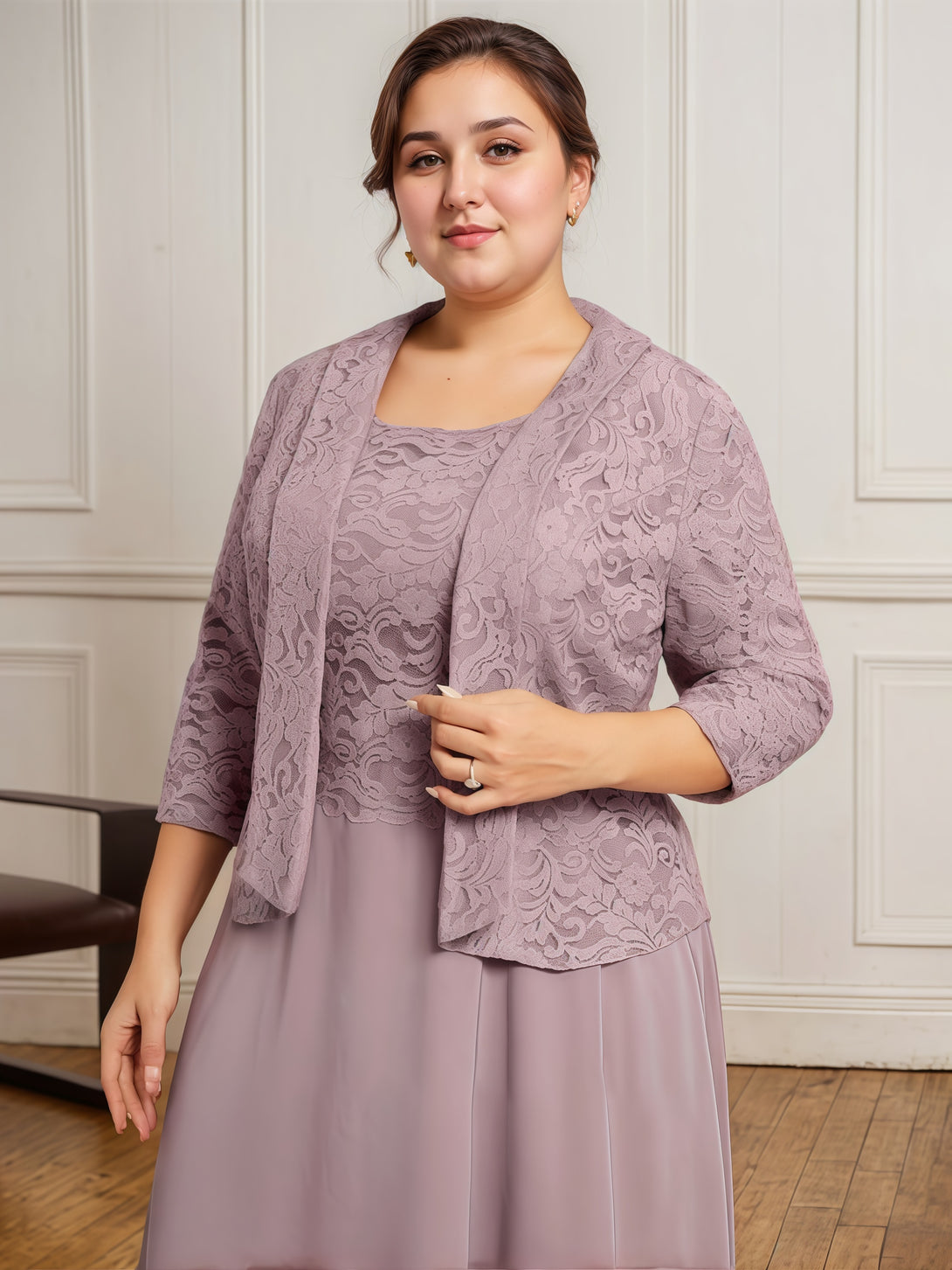 Round Neck 3/4 Sleeve A-Line Tea-Length Lace/Chiffon Mother of the Bride Dress With Jacket/Appliques BabaMila