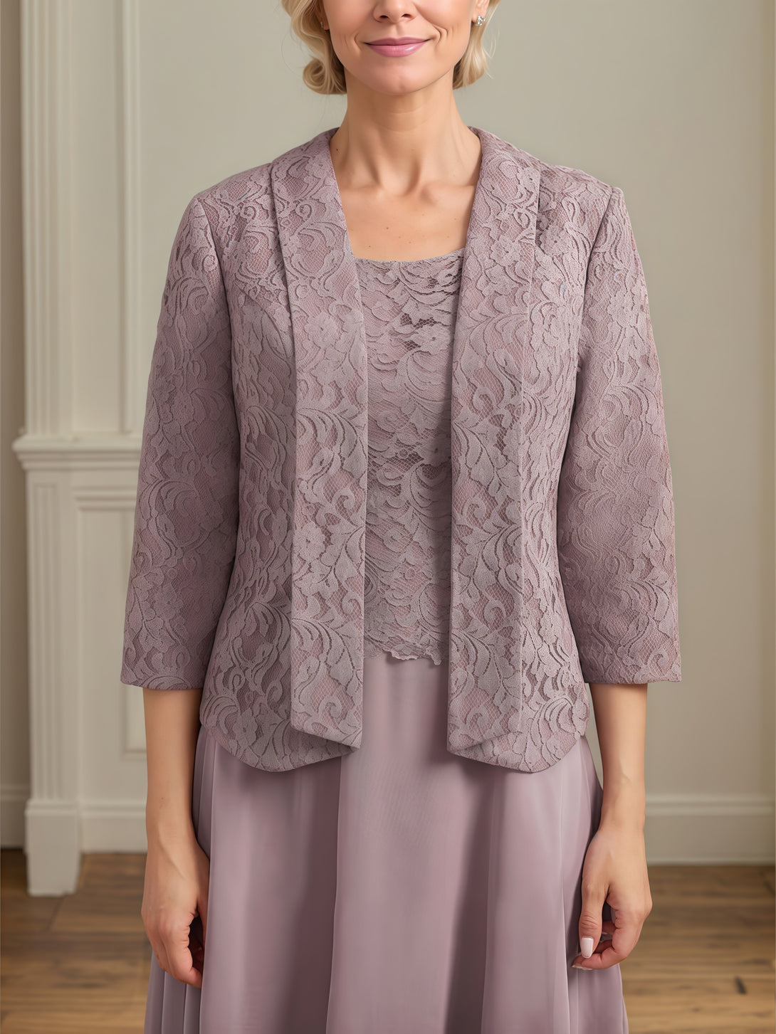 Round Neck 3/4 Sleeve A-Line Tea-Length Lace/Chiffon Mother of the Bride Dress With Jacket/Appliques BabaMila