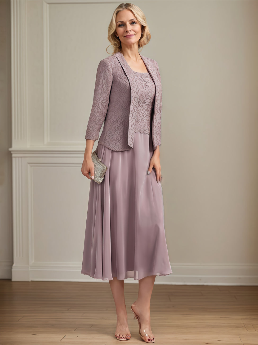 Round Neck 3/4 Sleeve A-Line Tea-Length Lace/Chiffon Mother of the Bride Dress With Jacket/Appliques BabaMila