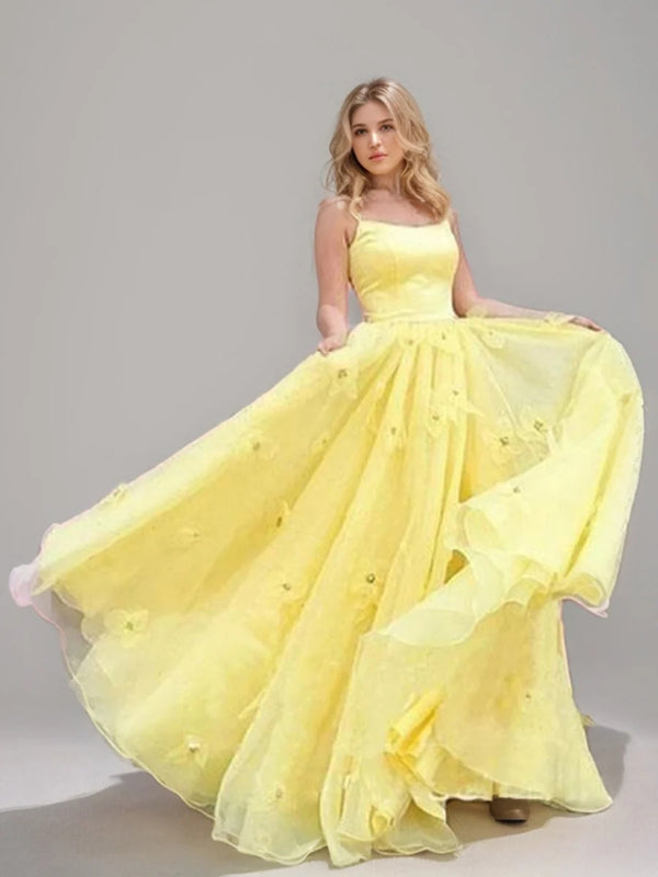 A-Line/Princess Spaghetti Straps Sleeveless Floor-Length Lace-up Back Prom Dresses with 3D Flowers BabaMila