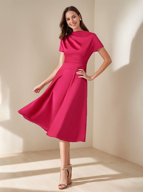 A-Line/Princess Scoop Neck Short Sleeves Knee-Length Elegant Wedding Guest Dress With Ruched BabaMila