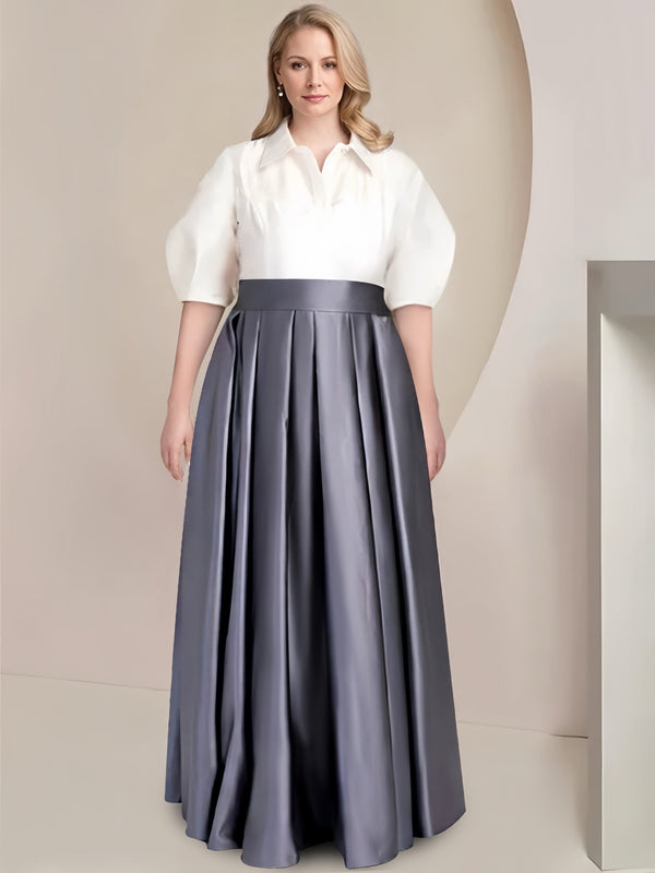 A-Line/Princess Shirt Collar Short Sleeves Floor-Length 2 Pieces Satin Plus Size Mother Of The Bride Dresses With Bowknot BabaMila