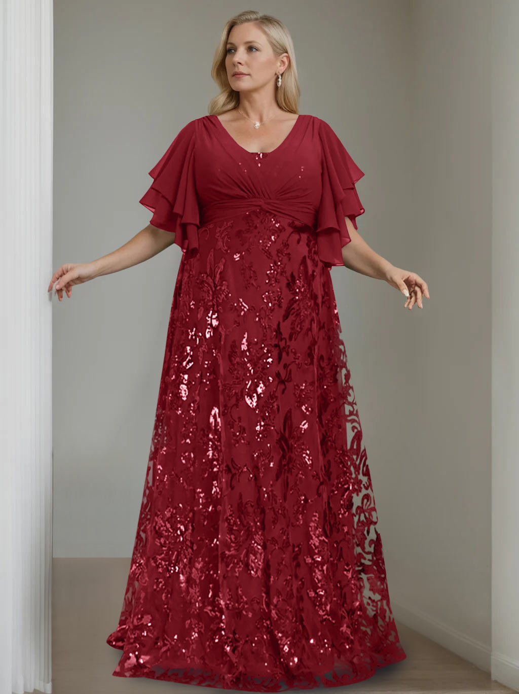 A-Line/Princess V-Neck Half Sleeves Floor-Length Plus Size Mother Of The Bride Dresses With Sequins BabaMila