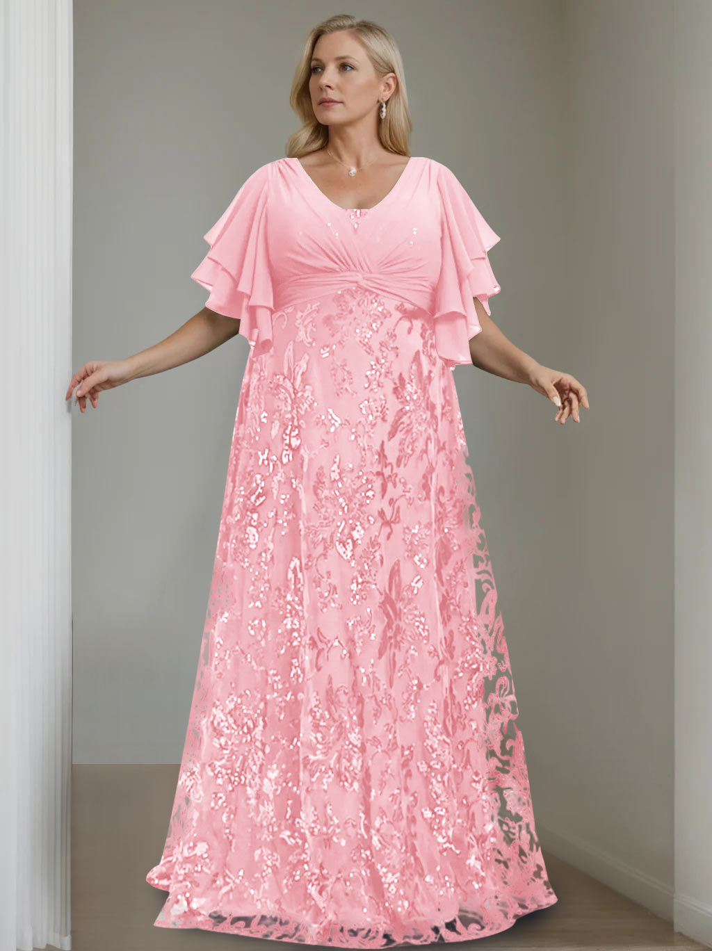 A-Line/Princess V-Neck Half Sleeves Floor-Length Plus Size Mother Of The Bride Dresses With Sequins BabaMila
