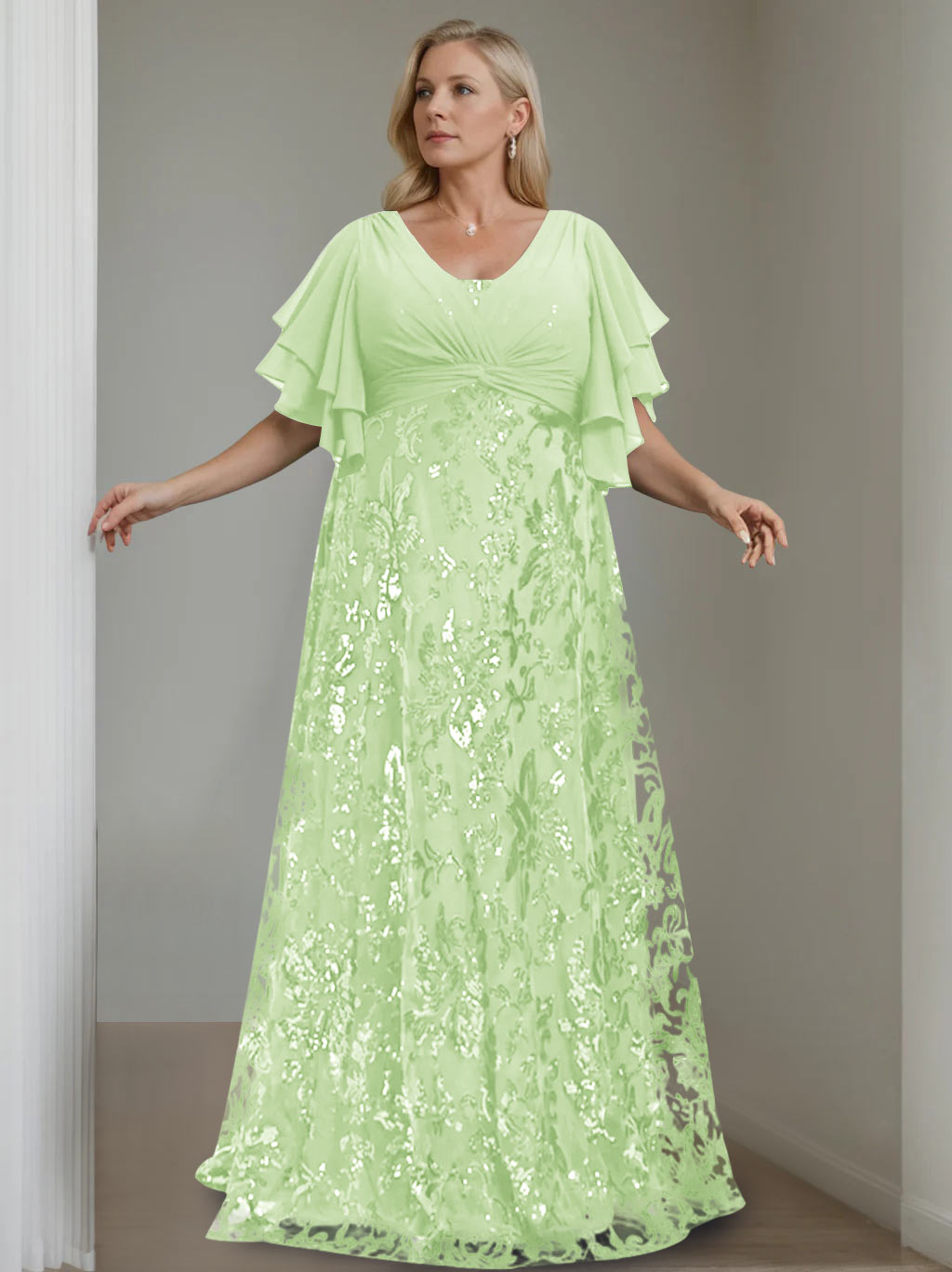 A-Line/Princess V-Neck Half Sleeves Floor-Length Plus Size Mother Of The Bride Dresses With Sequins BabaMila