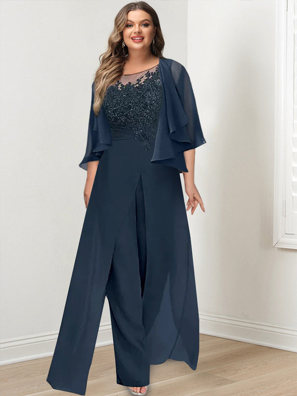 A-Line/Princess Scoop Floor-Length Plus Size Mother Of The Bride Jumpsuits With Jacket, Split Side & Appliques BabaMila