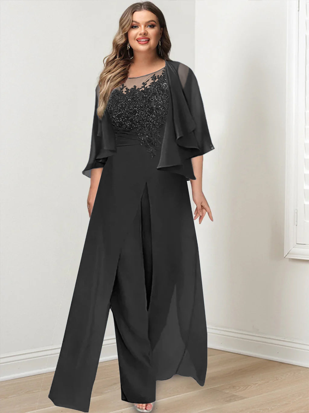 A-Line/Princess Scoop Floor-Length Plus Size Mother Of The Bride Jumpsuits With Jacket, Split Side & Appliques BabaMila