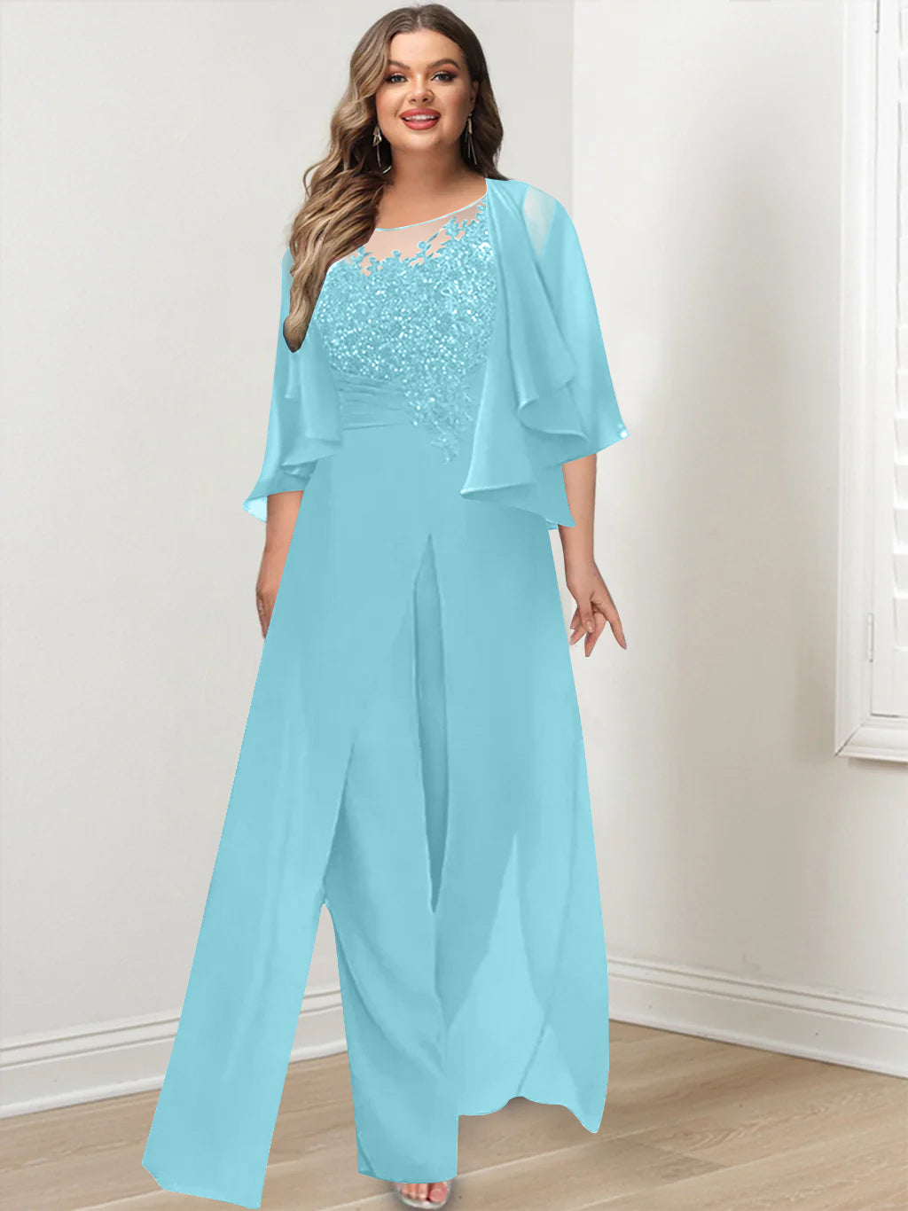 A-Line/Princess Scoop Floor-Length Plus Size Mother Of The Bride Jumpsuits With Jacket, Split Side & Appliques BabaMila